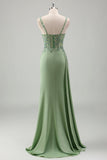 Sparkly Light Green Mermaid Spaghetti Straps Appliques Long Formal Dress with Slit