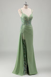 Sparkly Light Green Mermaid Spaghetti Straps Appliques Long Formal Dress with Slit