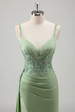 Sparkly Light Green Mermaid Spaghetti Straps Appliques Long Formal Dress with Slit