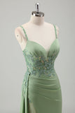 Sparkly Light Green Mermaid Spaghetti Straps Appliques Long Formal Dress with Slit