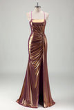 Metallic Gold Mermaid Spaghetti Straps Ruched Long Formal Dress with Slit