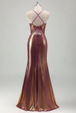 Metallic Gold Mermaid Spaghetti Straps Ruched Long Formal Dress with Slit