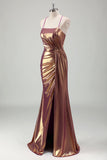 Metallic Gold Mermaid Spaghetti Straps Ruched Long Formal Dress with Slit