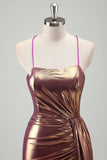 Metallic Gold Mermaid Spaghetti Straps Ruched Long Formal Dress with Slit