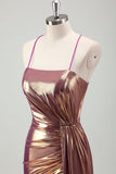 Metallic Gold Mermaid Spaghetti Straps Ruched Long Formal Dress with Slit