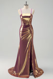 Metallic Golden Mermaid Spaghetti Straps Long Formal Dress with Slit