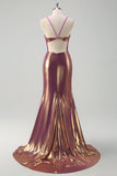 Metallic Golden Mermaid Spaghetti Straps Long Formal Dress with Slit