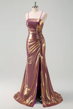 Metallic Golden Mermaid Spaghetti Straps Long Formal Dress with Slit