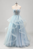 Strapless Sparkly Sequins Tulle A Line Pleated Formal Dress