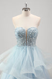 Strapless Sparkly Sequins Tulle A Line Pleated Formal Dress