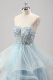 Strapless Sparkly Sequins Tulle A Line Pleated Formal Dress