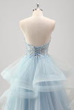 Strapless Sparkly Sequins Tulle A Line Pleated Formal Dress