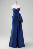 Dark Blue Strapless Pleated Long Formal Dress with Bow