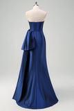 Dark Blue Strapless Pleated Long Formal Dress with Bow