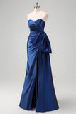 Dark Blue Strapless Pleated Long Formal Dress with Bow