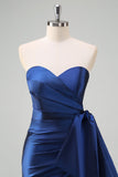 Dark Blue Strapless Pleated Long Formal Dress with Bow