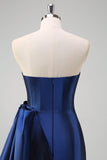 Dark Blue Strapless Pleated Long Formal Dress with Bow