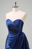 Dark Blue Strapless Pleated Long Formal Dress with Bow