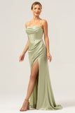 Sage Mermaid Spaghetti Straps Corset Satin Bridesmaid Dress with Slit