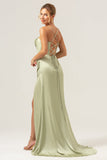 Sage Mermaid Spaghetti Straps Corset Satin Bridesmaid Dress with Slit