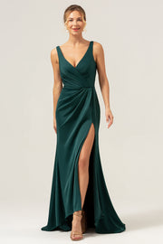 Dark Green Sheath V Neck Ruched High-Low Bridesmaid Dress with Slit