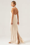 Champagne Sheath Halter Long Bridesmaid Dress With Slit