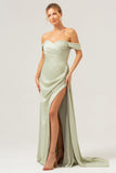 Sage Mermaid Off The Shoulder Pleated Satin Bridesmaid Dress with Slit