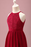 Burgundy A Line Round Neck Sleeveless Junior Bridesmaid Dress