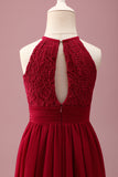 Burgundy A Line Round Neck Sleeveless Junior Bridesmaid Dress