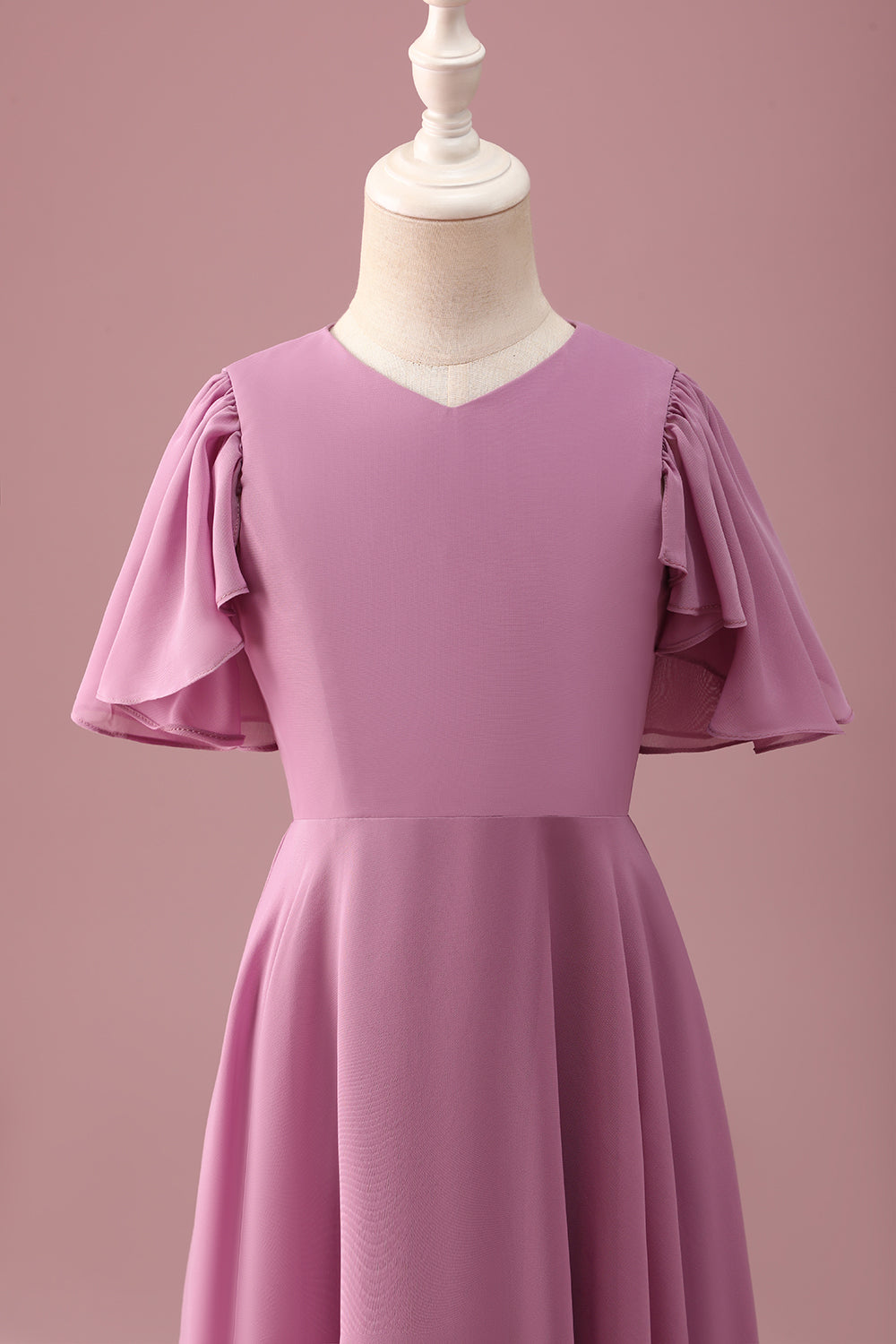Vintage Mauve A Line Ruched Chiffon Junior Bridesmaid Dress With Short Sleeves