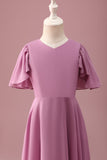 Vintage Mauve A Line Ruched Chiffon Junior Bridesmaid Dress With Short Sleeves