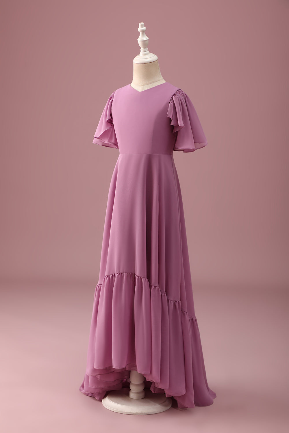 Vintage Mauve A Line Ruched Chiffon Junior Bridesmaid Dress With Short Sleeves