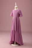Vintage Mauve A Line Ruched Chiffon Junior Bridesmaid Dress With Short Sleeves
