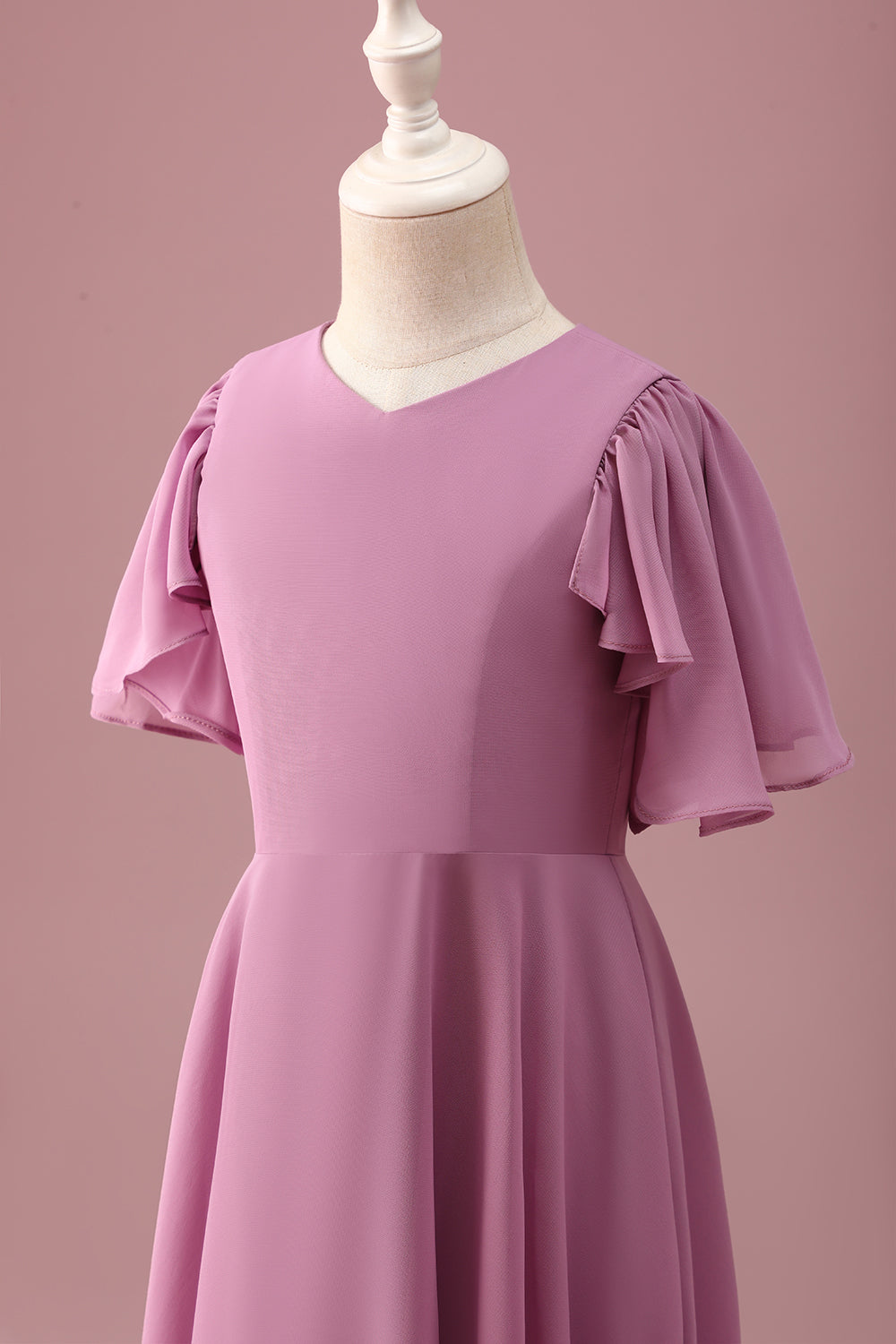 Vintage Mauve A Line Ruched Chiffon Junior Bridesmaid Dress With Short Sleeves