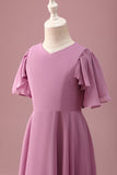 Vintage Mauve A Line Ruched Chiffon Junior Bridesmaid Dress With Short Sleeves