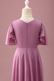 Vintage Mauve A Line Ruched Chiffon Junior Bridesmaid Dress With Short Sleeves