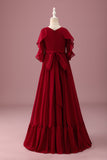 Burgundy A-Line Round Neck Chiffon Half Sleeves Long Junior Bridesmaid Dress