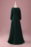 Pine Green A-Line V-Neck Chiffon Junior Bridesmaid Dress with Long Sleeves