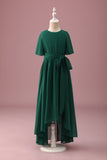 Dark Green A-Line Round Neck Chiffon High Low Junior Bridesmaid Dress