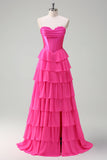 Fuchsia A Line Strapless Corset Tiered Formal Dress with Ruffles