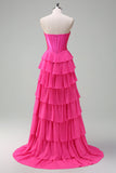 Fuchsia A Line Strapless Corset Tiered Formal Dress with Ruffles