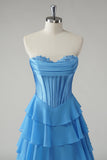 Blue Sweetheart Ruffled A Line Long Prom Dress