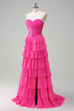 Fuchsia A Line Strapless Corset Tiered Formal Dress with Ruffles