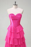 Fuchsia A Line Strapless Corset Tiered Formal Dress with Ruffles