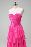 Fuchsia A Line Strapless Corset Tiered Formal Dress with Ruffles