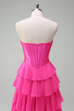 Fuchsia A Line Strapless Corset Tiered Formal Dress with Ruffles