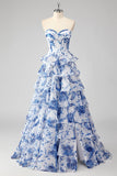 Blush Floral A Line Strapless Corset Tiered Formal Dress