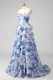 Blush Floral A Line Strapless Corset Tiered Formal Dress