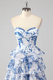 Blue White Flower A-Line Sweetheart Tiered Long Prom Dress with Slit