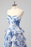 Blush Floral A Line Strapless Corset Tiered Formal Dress